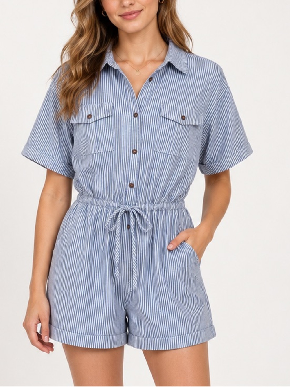 Torrid Blue & White Striped Short Sleeve Button Front Romper